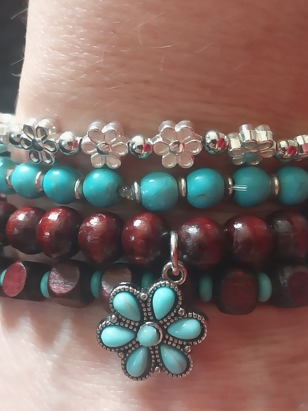 Turquoise & Brown Floral Charm Stack Bracelet Set